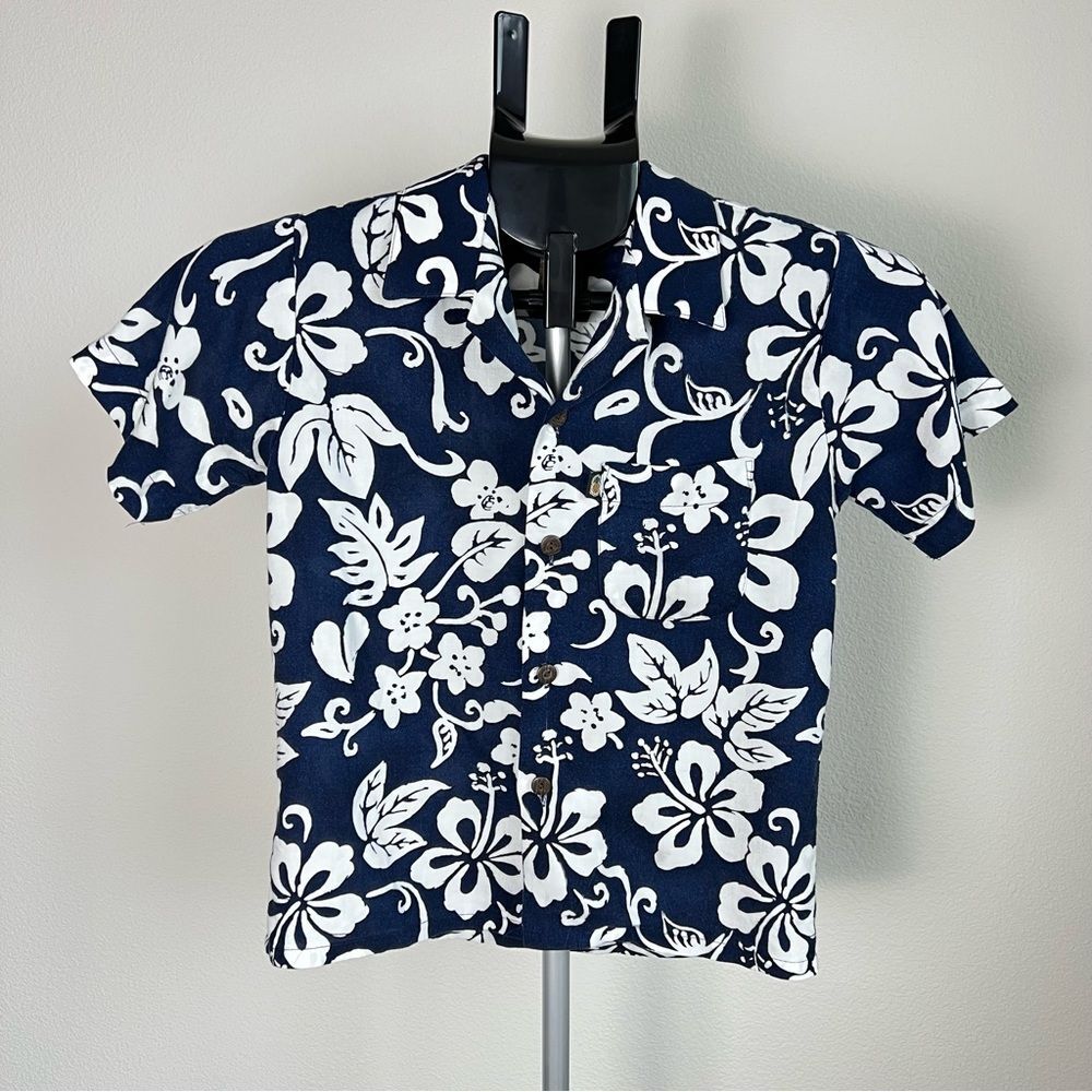Vintage Pineapple Connection Boys Hawaiian Shirt Blue White Floral‎ Rayon Size 6